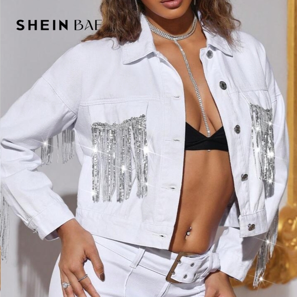 Shein Bae White Denim Crop Jacket Sequin Fringe Trim Disco Silver Retro Western - Picture 7 of 10